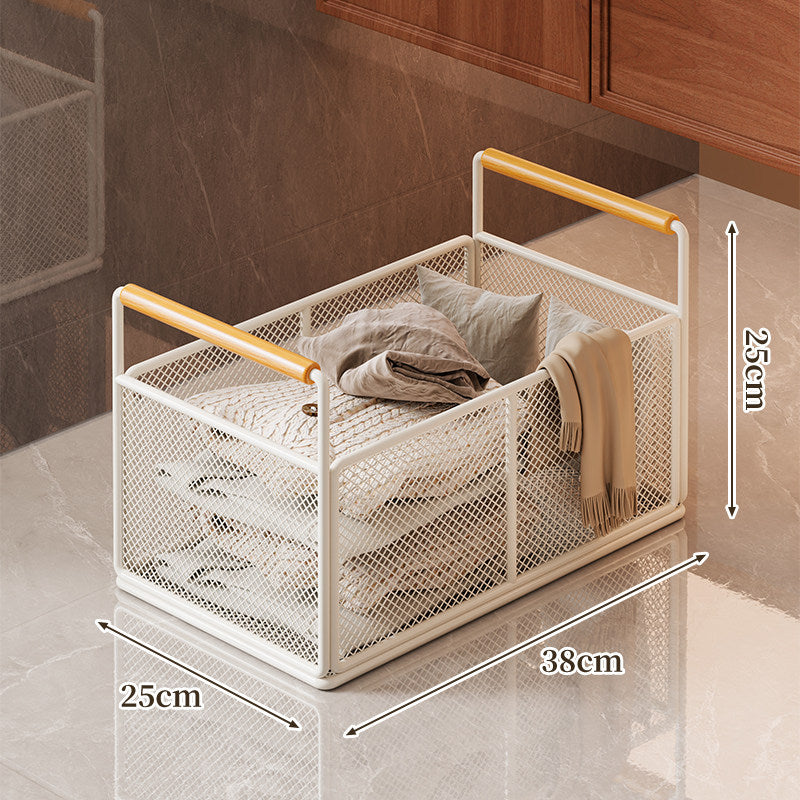 Mesh Metal Organizer Basket with Wooden Handles for Laundry and Home Storage