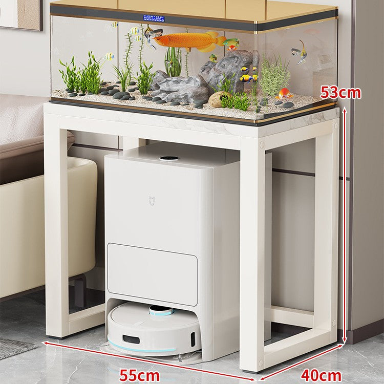 Gold Metal Aquarium Console Table with Faux Marble Top and Robot Vacuum Storage