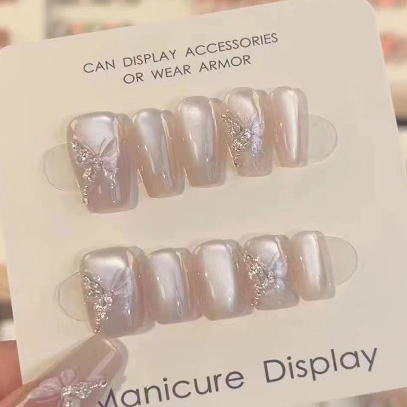 Stylish Press-On Nail Art Set with Elegant Butterfly and Gem Accents Stornfield