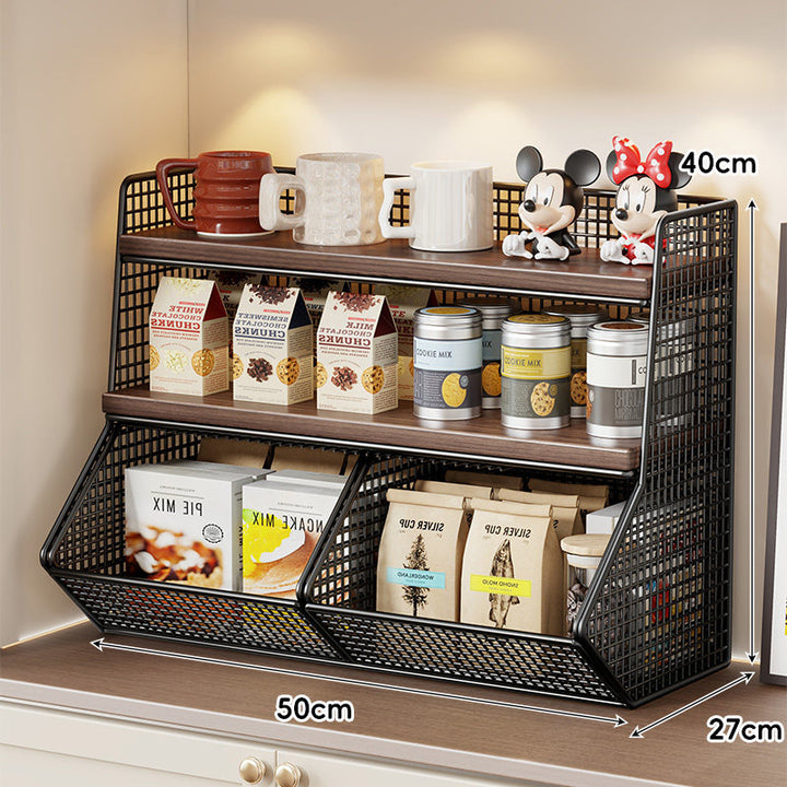 Compact Mesh Countertop Pantry Organizer with Two Wooden Shelves and Deep Front Basket