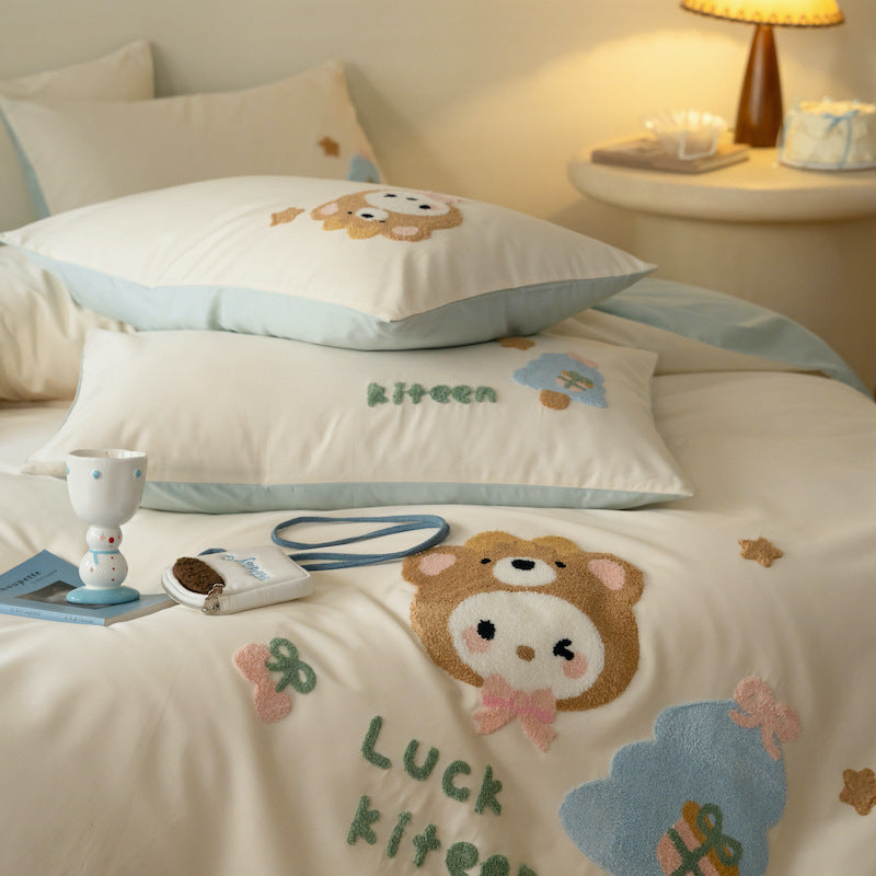 Embroidered Plush Appliqué Cotton Duvet Cover Set with Reversible Lining