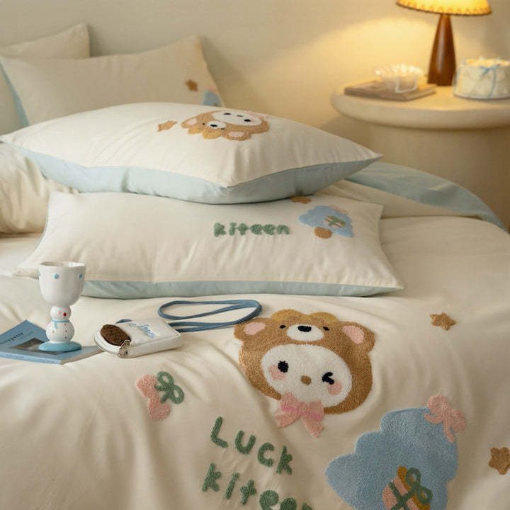 Embroidered Plush Appliqué Cotton Duvet Cover Set with Reversible Lining