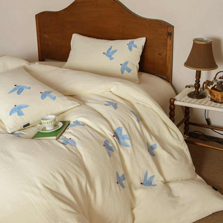 Washed Cotton Muslin Embroidered Bird Duvet Cover Set