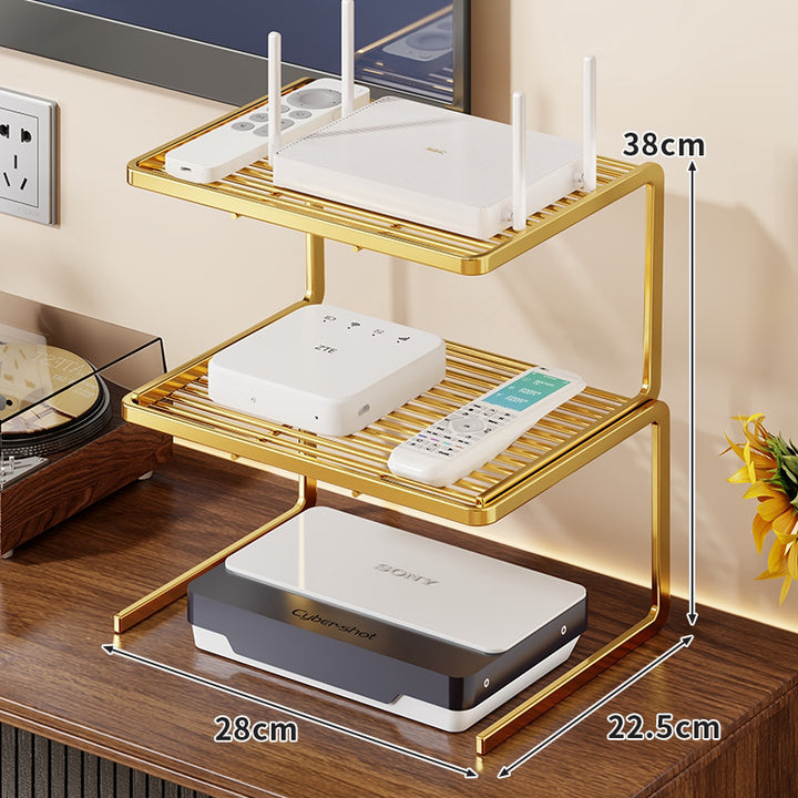 Two-Tier Ventilated Metal Electronics Organizer Shelf for Routers, Set-Top Boxes and Remotes