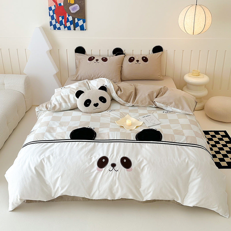 Children's bedding set with check pattern, embroidered panda face and three-dimensional ear appliqués