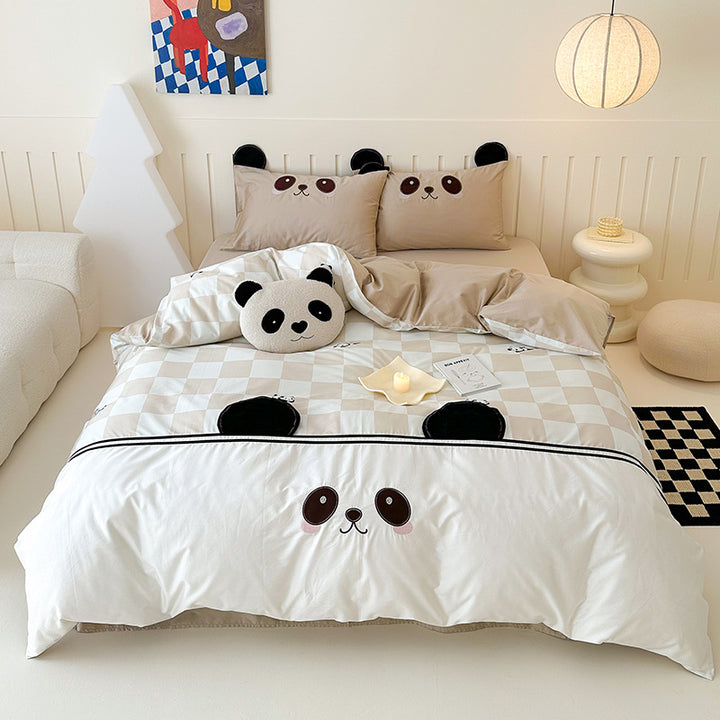 Children's bedding set with check pattern, embroidered panda face and three-dimensional ear appliqués