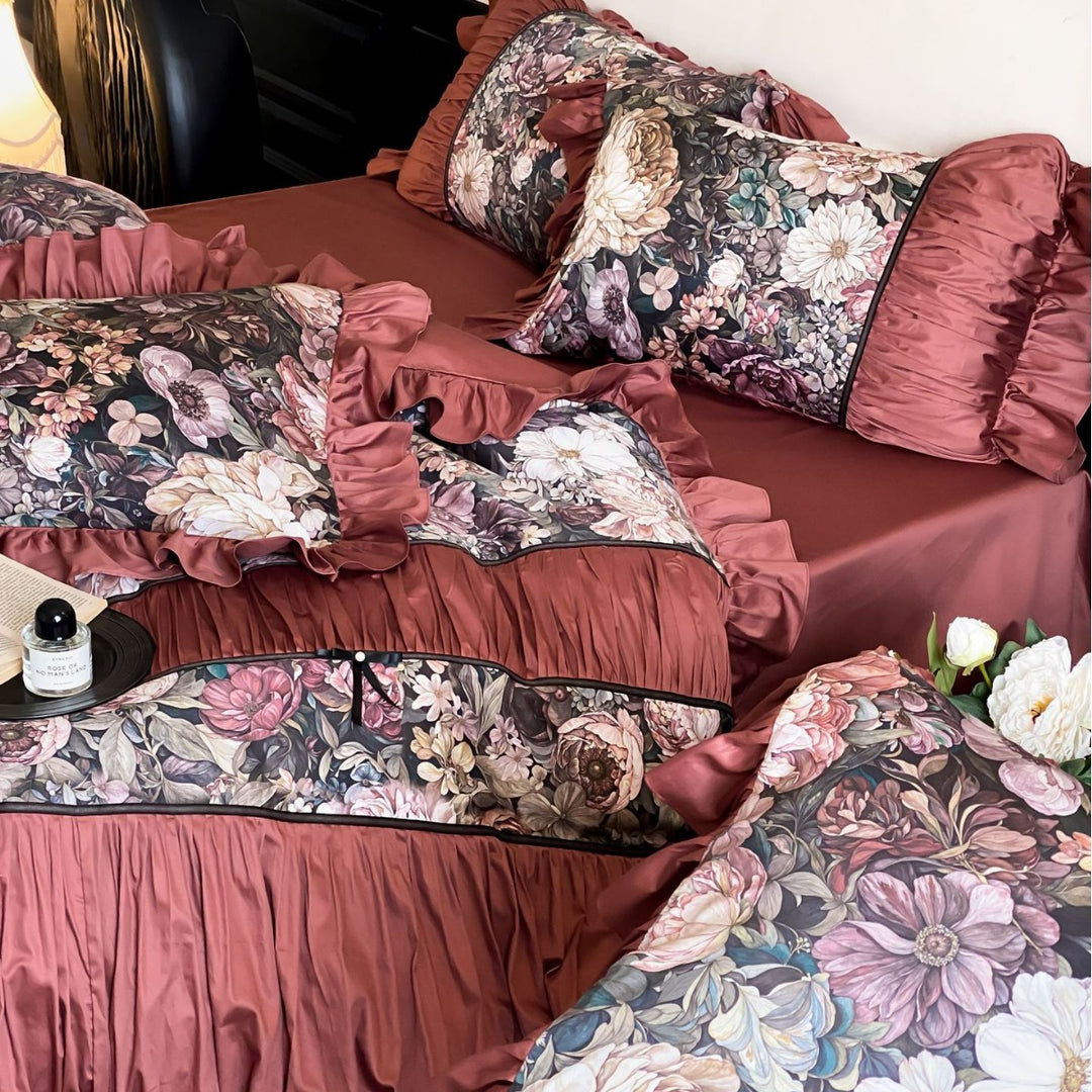 Romantic cotton satin bedding set with ruffles, quilted bedspread and decorative pillow