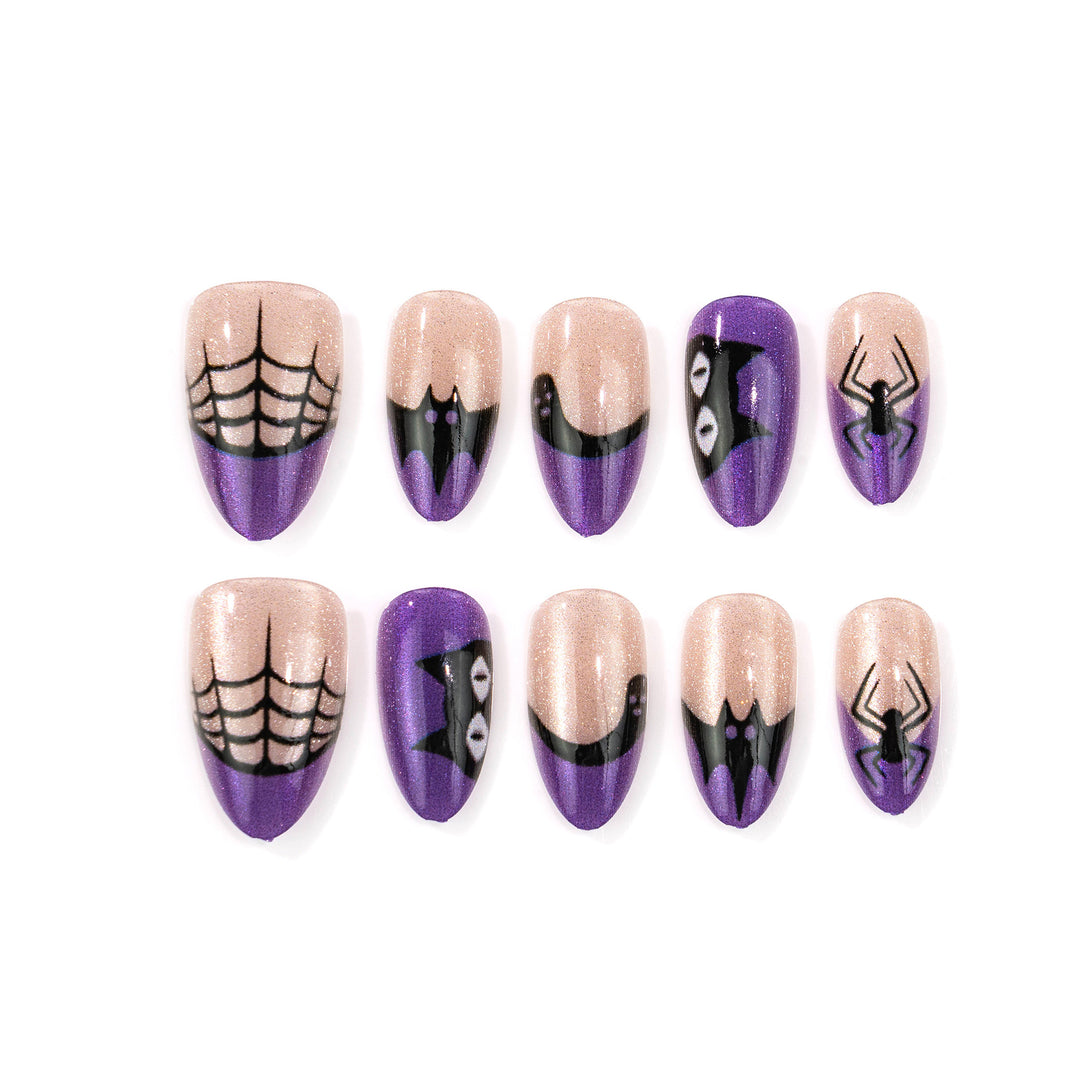 Halloween-Themed Press-On Nail Art Set with Spider and Web Designs