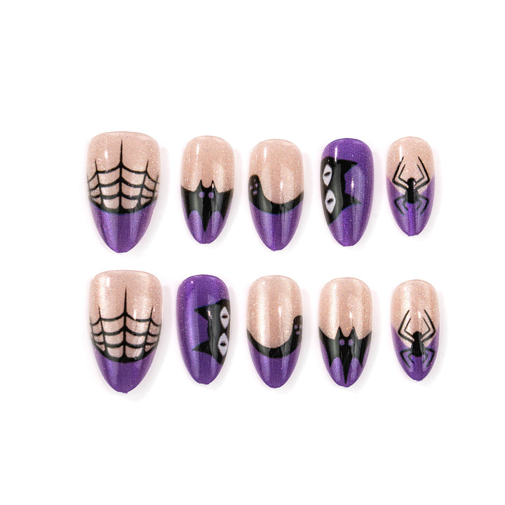 Halloween-Themed Press-On Nail Art Set with Spider and Web Designs