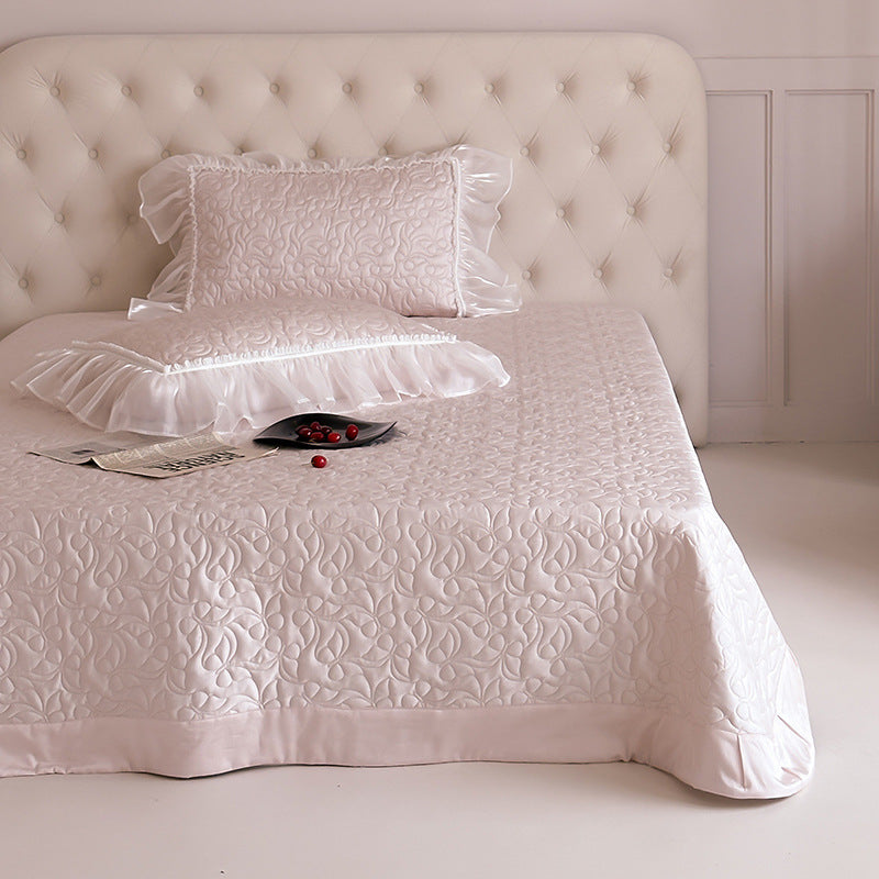 Luxurious satin bedding set with fine ruffle trimming & embroidered butterfly motifs
