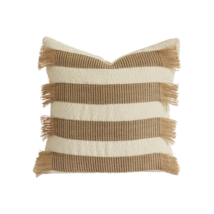 Woven cushion cover with bouclé surface and jute fringes Stornfield