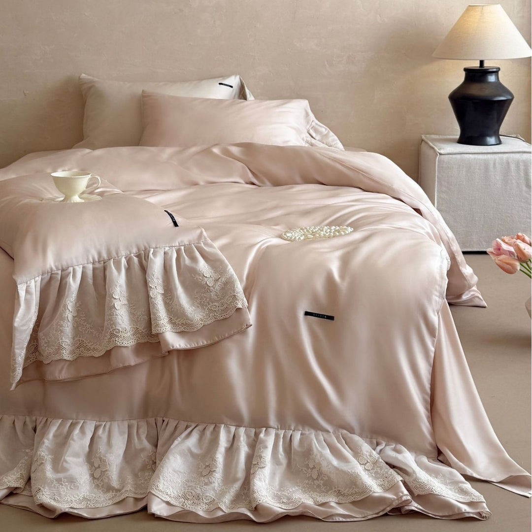 Extravagant satin duvet cover set with ruffled lace trim and silky smooth texture