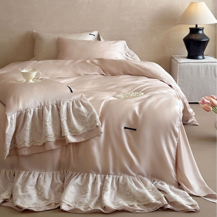 Extravagant satin duvet cover set with ruffled lace trim and silky smooth texture