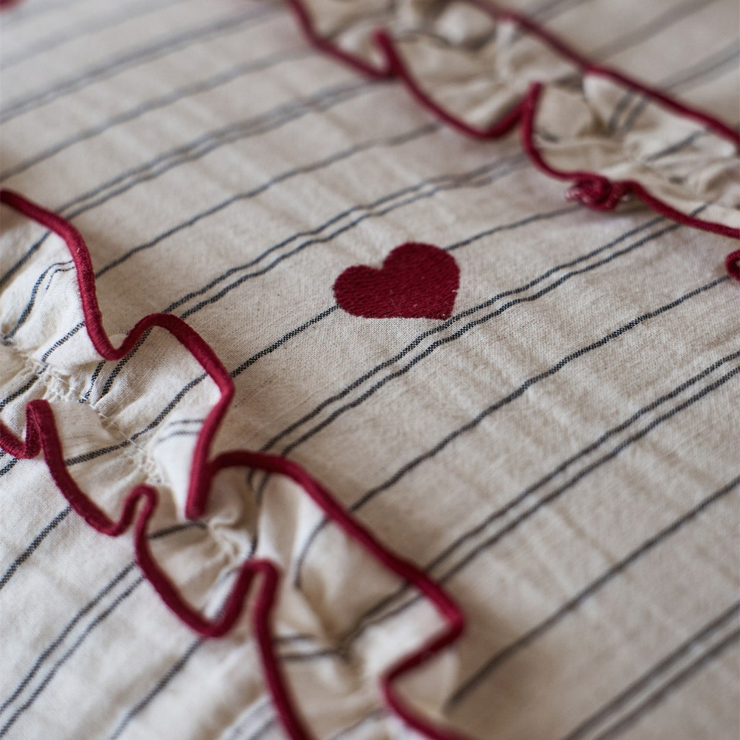 Striped Cotton-Linen Ruffled Heart-Embroidered Duvet Cover Set