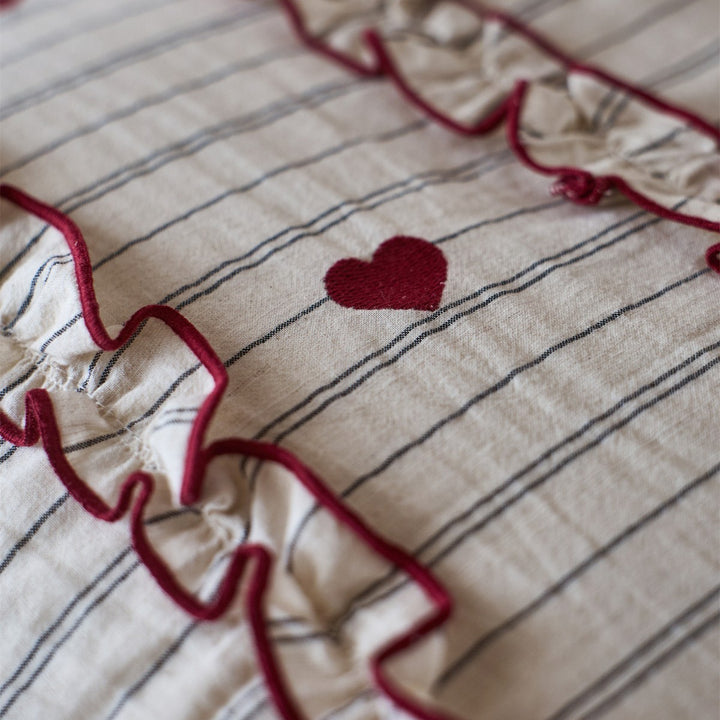 Striped Cotton-Linen Ruffled Heart-Embroidered Duvet Cover Set