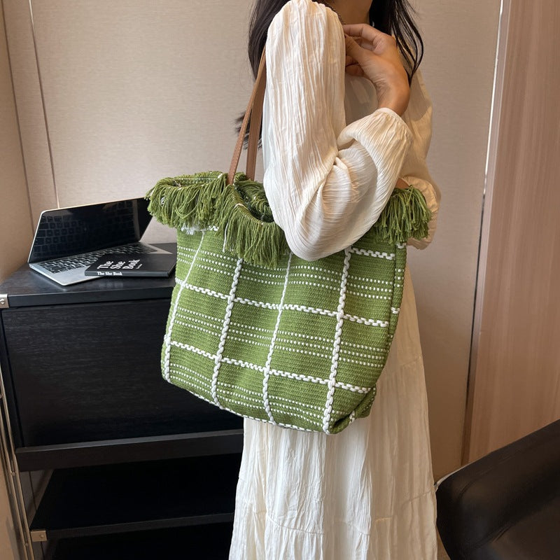 Textured Woven Tote Handbag