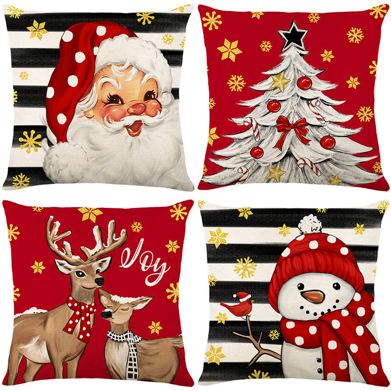 Square Cotton-Linen Holiday Tree Decorative Throw Pillow Cover with Candy-Cane Ornaments