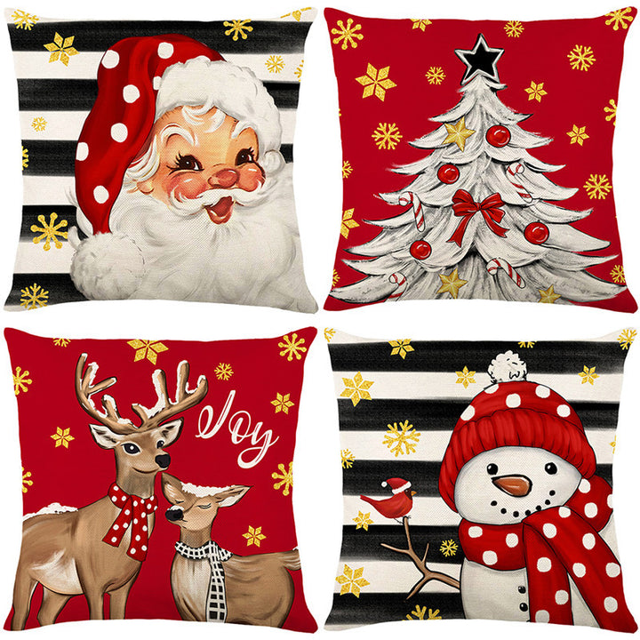 Square Cotton-Linen Holiday Tree Decorative Throw Pillow Cover with Candy-Cane Ornaments
