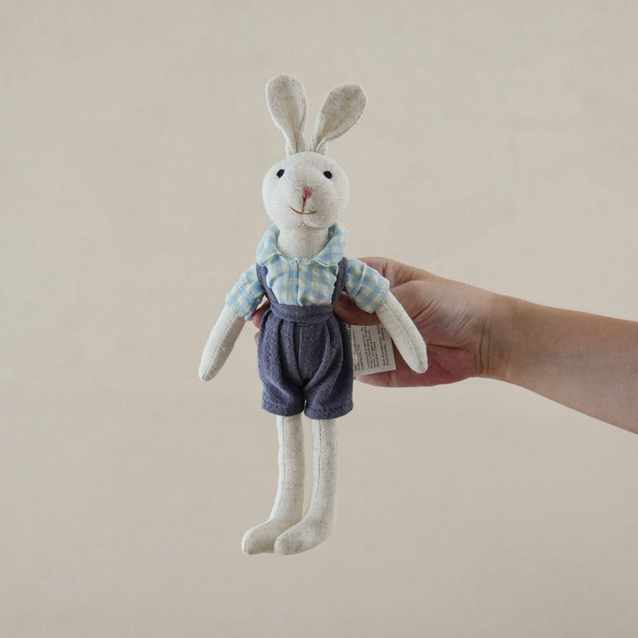 Handmade Linen Long-Limbed Bunny Doll with Embroidered Carrot Overalls