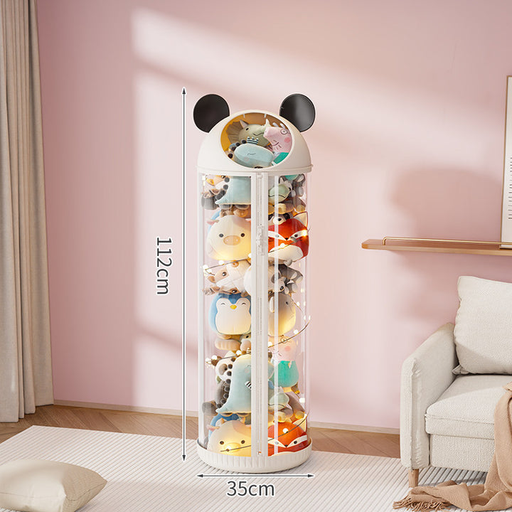 Vertical Clear Cylinder Plush Toy Storage Tower with Divided Shelves and Caster Base