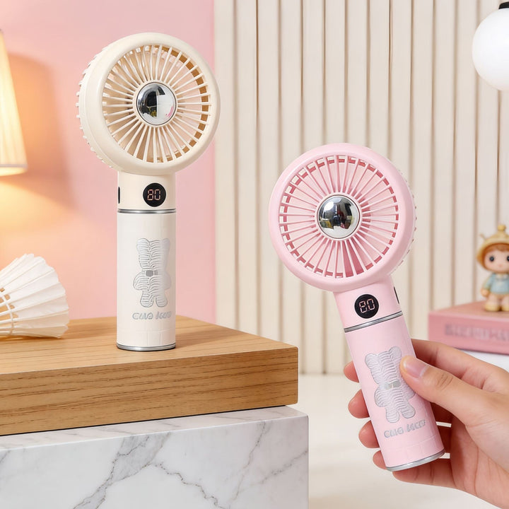 Ladies Portable Mini Hand Fan with Digital Temperature Display and Cute Bear Design Stornfield