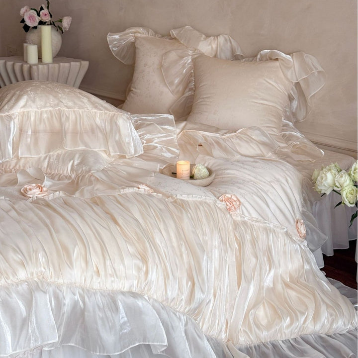 Luxurious satin bedding set with ruffles and rose appliqués