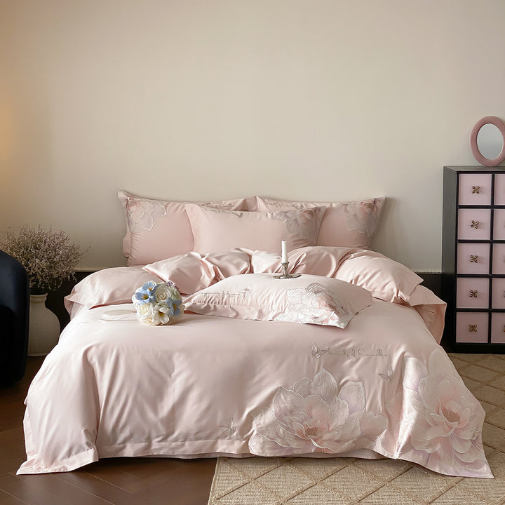Satin-Feel Embroidered Floral Duvet Cover Set with Pillow Shams