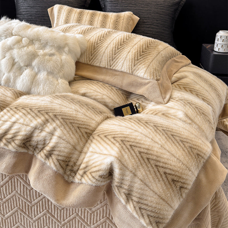 Plush Reversible Faux Fur Comforter with Chevron Quilted Microfleece Backing