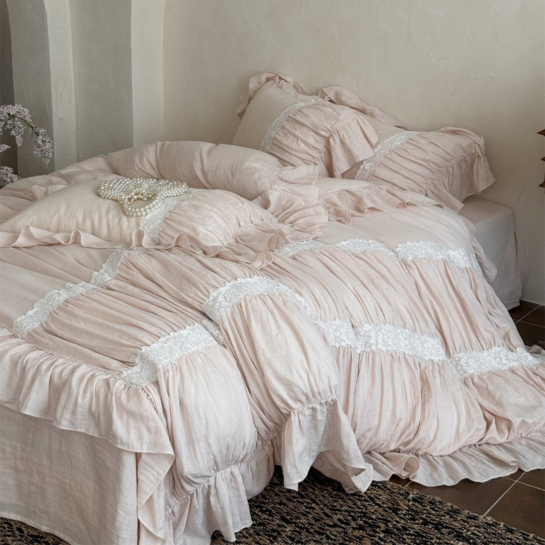 Washed Linen-Blend Gathered Duvet Cover Set with Floral Lace Band