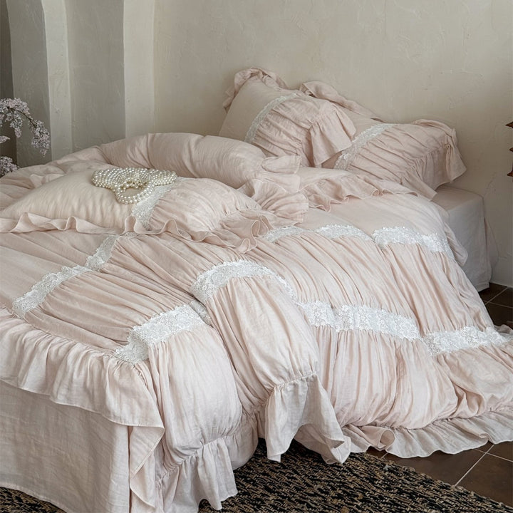 Washed Linen-Blend Gathered Duvet Cover Set with Floral Lace Band
