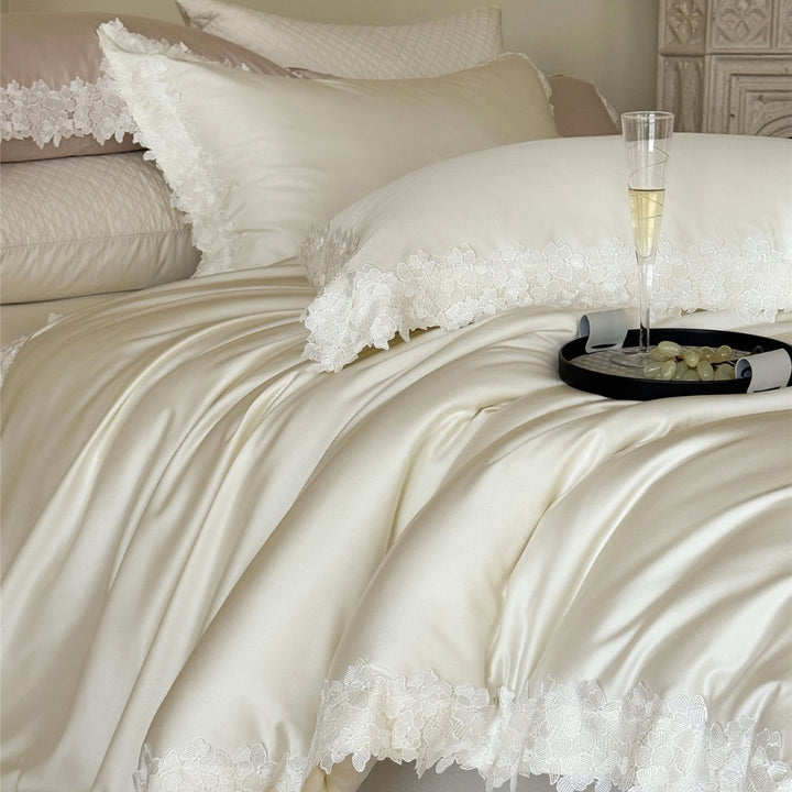 Silky Satin Duvet Cover Ensemble with Scalloped Floral Lace Border and Pillow Shams