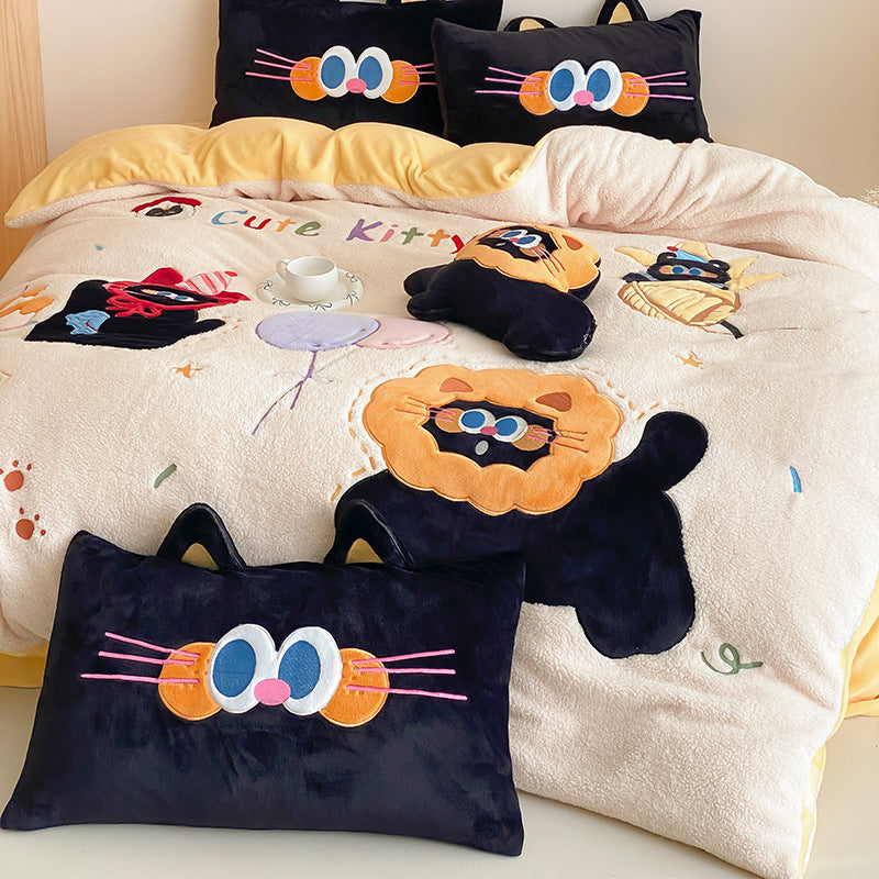 Cozy bedding set with embroidered cartoon cats and plush appliqués