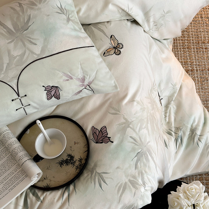 Bedding set with embroidered butterflies and delicate bamboo print