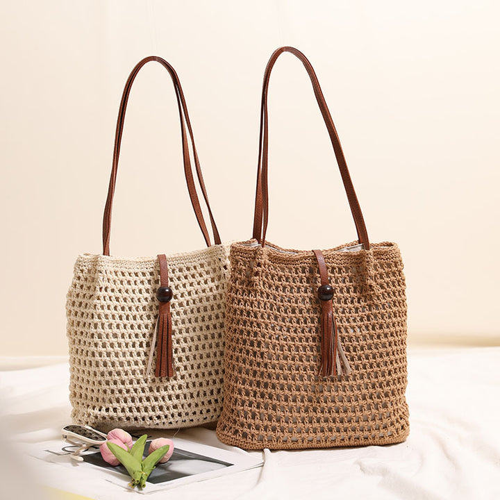 Hand-knotted basket bag with elegant leather handles Stornfield
