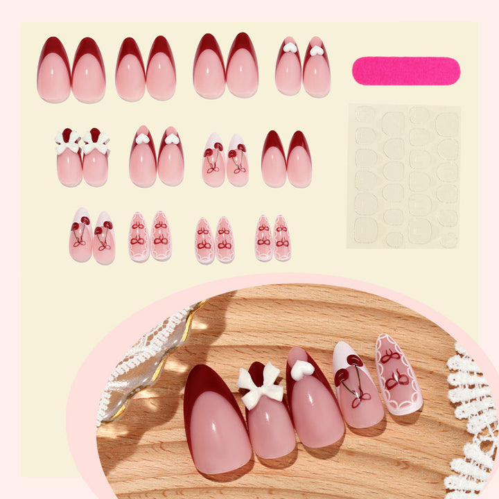 Decorative Press-On Nail Set with Charming Cherry and Bow Designs Stornfield