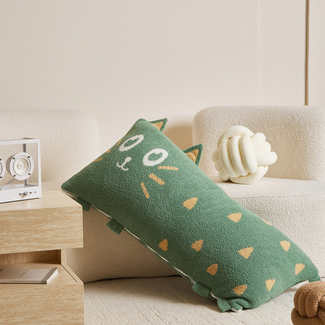 Extra-Long Plush Cat-Shaped Bolster Pillow with Sherpa Cover