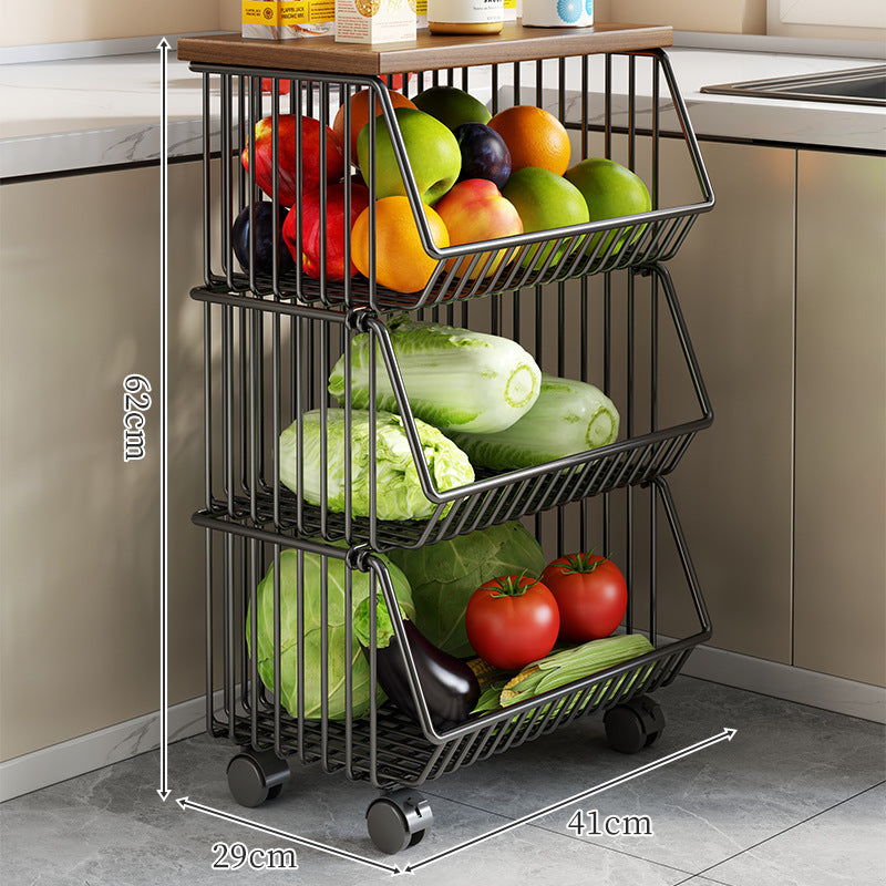 Countertop Wooden-Top Metal Wire Produce Storage Basket with Front-Tilt Access