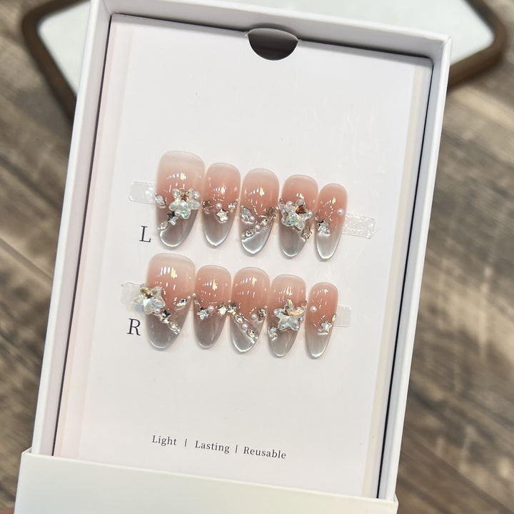 Elegant Press-On Almond Nails with Floral Accents Stornfield