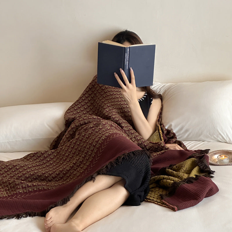 Woven Waffle-Texture Fringed Throw Blanket