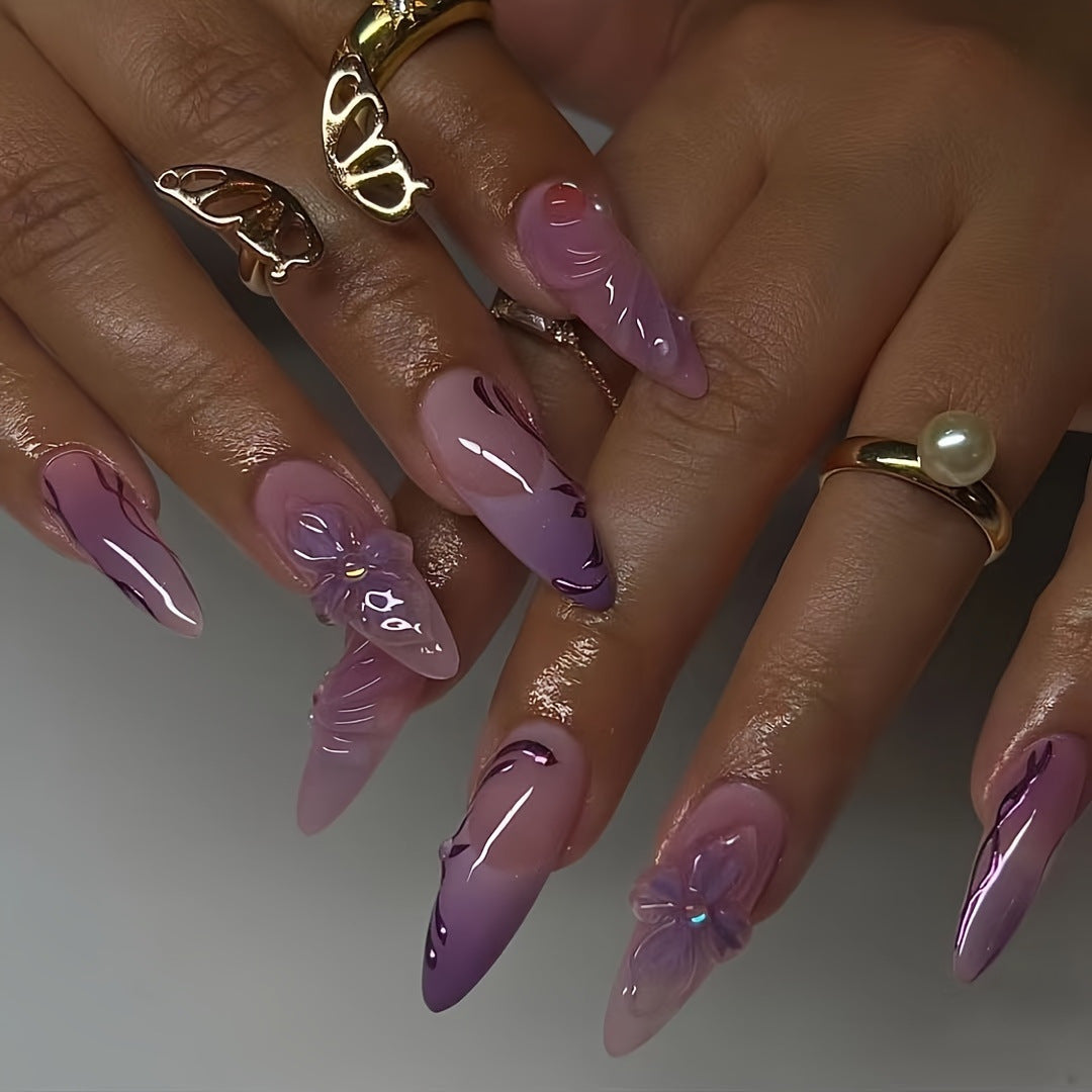 Artistic Stiletto Press-On Nail Extensions with Floral Design Stornfield