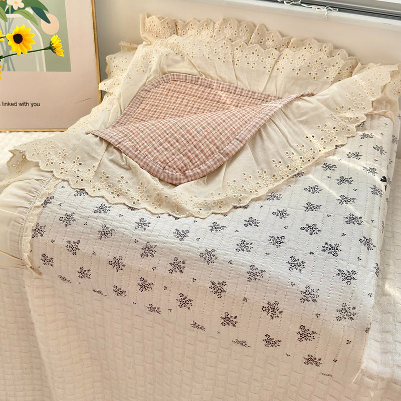 Quilted Floral Reversible Throw Blanket with Eyelet Lace Ruffle
