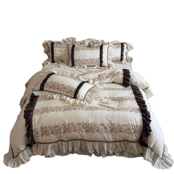 Floral Ruffled Cotton Linen Quilted Duvet Cover Set