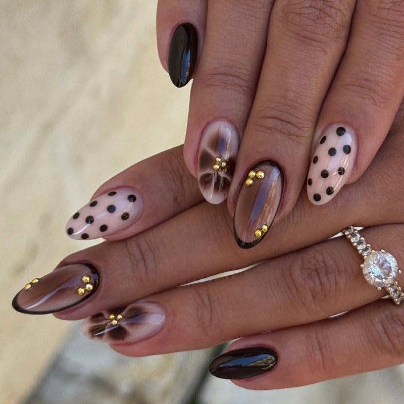 Artistic Press-On Nail Set with Geometric and Dotted Designs