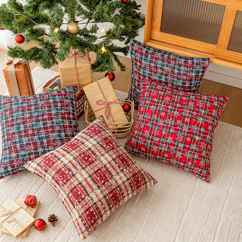 Decorative Holiday Plaid Throw Pillow Cover with Embroidered Snowflake Accents