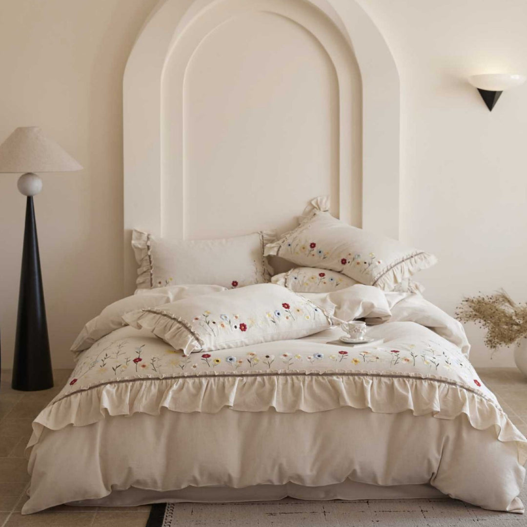 Floral Embroidered Ruffled Duvet Cover Set with Frilled Edge and Pillow Shams