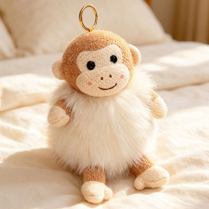 Plush Fluffy Monkey Bag Charm Keychain with Faux-Fur Body and Gold Ring Stornfield