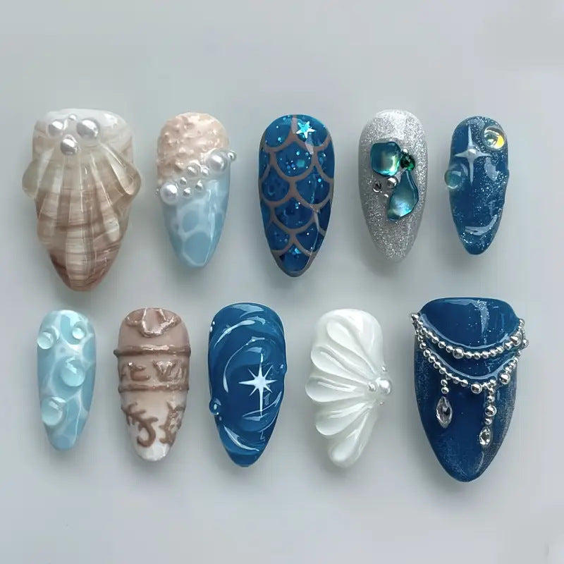 Artistic Ocean-Themed Press-On Nail Art Stornfield