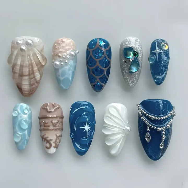Artistic Ocean-Themed Press-On Nail Art Stornfield
