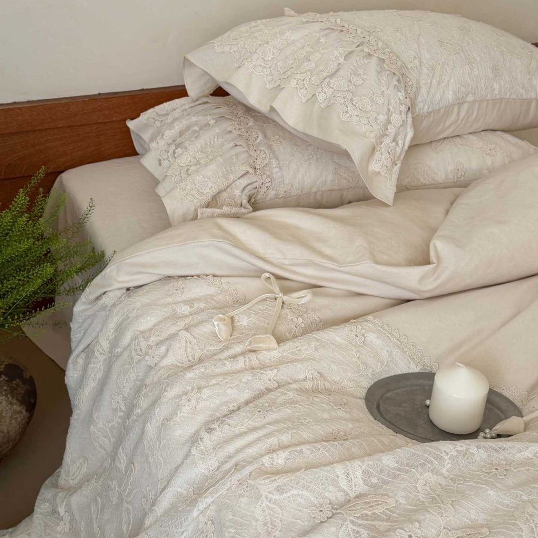 Embroidered Lace-Trim Ruffled Duvet Cover Set