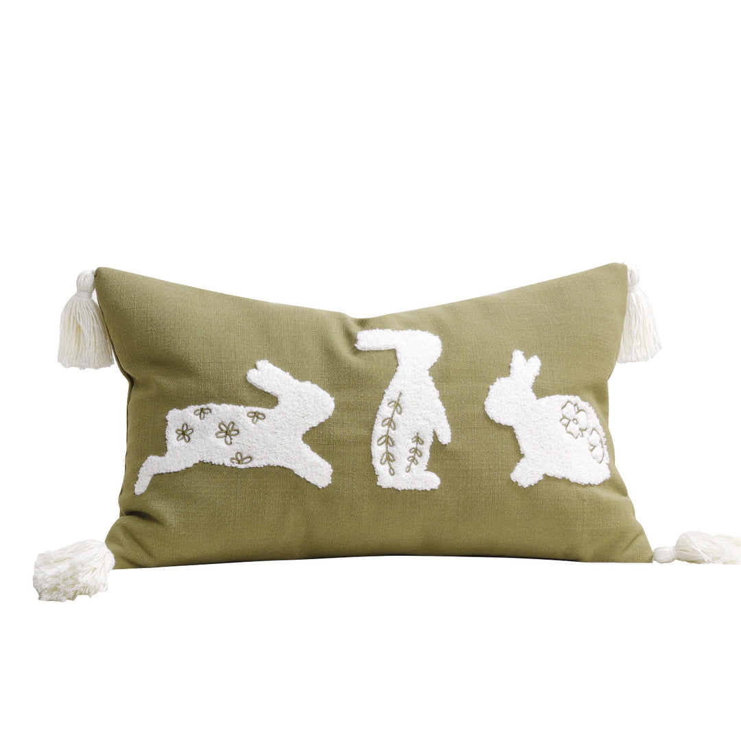Embroidered Bunny Appliqué Tassel Lumbar Pillow Cover